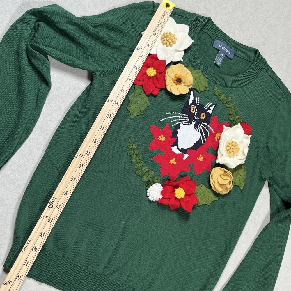 ModCloth Women's Green Purring in Poinsettia Graphic Pullover Sweater Sz XS READ - Picture 7 of 7